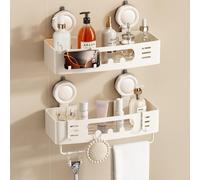 Voldra Shower Caddy Suction Cup, Adhesive Bathroom Shelves Shower Storage Wall Mounted Aluminum Bathroom Caddy Stick on Shower Organiser Rack With 4 Removable Hooks and Towel Bar(2 Pack, White)