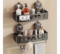 Voldra Shower Caddy Suction Cup, Adhesive Bathroom Shelves Shower Storage Wall Mounted Aluminum Bathroom Caddy Stick on Shower Organiser Rack With 4 Removable Hooks and Towel Bar(2 Pack, Grey)