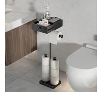 VOLDRA Toilet Paper Holder Stand with Shelf, Free Standing Black Toilet Paper Roll Holder with Wipes Storage Drawer Heavy Duty Floor Bathroom Tissue Holder Freestanding No Drill Tp Holder for 7 Rolls