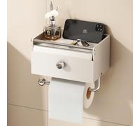 Voldra Toilet Roll Holder Wall Mounted, Stick on Toilet Paper Holder with Shelf No Drill Bathroom Loo Roll Holder Storage Self Adhesive Tissue Holder Toilet Roll Rack Front flip Design (Matte White)