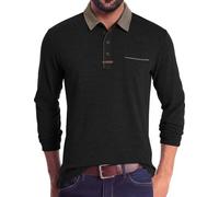 Volemo Mens Long Sleeve Polo Shirts Casual Smart Tops | Vintage Contrast Collar, Chest Pocket, Soft Stretch Jersey, Tailored Regular Fit, Retro Mod Style, Autumn Winter Layering