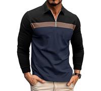 Volemo Mens Polo Shirts Casual Long Sleeve Zip Polo Tops Contrast Color Raglan Cotton Golf Shirts Black Blue XL