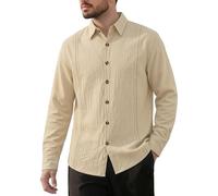 Volemo Mens Shirts Long Sleeve Cotton Linen Guayabera Shirt Khaki XXL