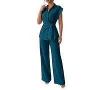 Volemo Women's Going Out Two Piece Sets Cap Sleeve Tie Waist Button Down Shirt Wide Leg Pants Dressy Casual Outfits, Turquoise, S