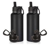 Volhoply 1 L Insulated Water Bottles Bulk 2 Pack with Straw Lid & Spout Lid,Stainless Steel Sports Water Bottle,Double Wall Vacuum Tumbler,Leakproof Wide Mouth Metal Flask for Hiking,Camping(Black,2)