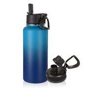 Volhoply 1 Litre Water Bottle with Straw Lid & Spout Lid,Insulated Sports Water Bottle,Double Wall Vacuum Stainless Steel Tumbler,Leak Proof Wide Mouth Metal Flask,Keeps Cold or Hot(Green Blue,1)