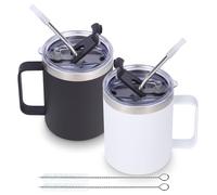 Volhoply 12oz Insulated Leakproof Coffee Mug with Sliding & Straw Lid Bulk 2 Pack,Double Wall Vacuum Stainless Steel Travel Tumbler Cup with Handle,Reusable Camping Mugs Keep Cold/Hot(Assorted,2 Set)