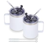 Volhoply 12oz Insulated Leakproof Coffee Mug with Sliding & Straw Lid Bulk 2 Pack,Double Wall Vacuum Stainless Steel Travel Tumbler Cup with Handle,Reusable Camping Mugs Keep Cold/Hot(White,2 Set)