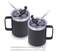 Volhoply 12oz Insulated Leakproof Coffee Mug with Sliding & Straw Lid Bulk 2 Pack,Double Wall Vacuum Stainless Steel Travel Tumbler Cup with Handle,Reusable Camping Mugs Keep Cold/Hot(Black,2 Set)