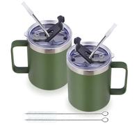Volhoply 12oz Insulated Leakproof Coffee Mug with Sliding&Straw Lid Bulk 2 Pack,Double Wall Vacuum Stainless Steel Travel Tumbler Cup with Handle,Reusable Camping Mugs Keep Cold/Hot(Army Green,2 Set)