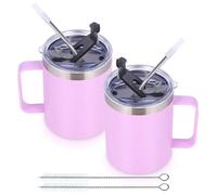Volhoply 12oz Insulated Leakproof Coffee Mug with Sliding & Straw Lid Bulk 2 Pack,Double Wall Vacuum Stainless Steel Travel Tumbler Cup with Handle,Reusable Camping Mugs Keep Cold/Hot(Purple,2 Set)