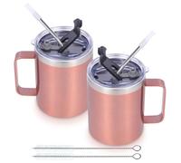 Volhoply 12oz Insulated Leakproof Coffee Mug with Sliding & Straw Lid Bulk 2 Pack,Double Wall Vacuum Stainless Steel Travel Tumbler Cup with Handle,Reusable Camping Mugs Keep Cold/Hot(Rose Gold,2 Set)