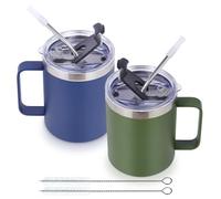 Volhoply 12oz Insulated Leakproof Coffee Mug with Sliding & Straw Lid Bulk 2 Pack,Double Wall Vacuum Stainless Steel Travel Tumbler Cup with Handle,Camping Mugs Keep Cold/Hot(Assort Color,2 Set)