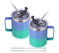 Volhoply 12oz Insulated Leakproof Coffee Mug with Sliding & Straw Lid Bulk 2 Pack,Double Wall Vacuum Stainless Steel Travel Tumbler Cup with Handle,Camping Mugs Keep Cold/Hot(Purple Green,2 Set)
