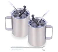 Volhoply 12oz Insulated Leakproof Coffee Mug with Sliding & Straw Lid Bulk 2 Pack,Double Wall Vacuum Stainless Steel Travel Tumbler Cup with Handle,Reusable Camping Mugs Keep Cold/Hot(Silver,2 Set)