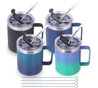 Volhoply 12oz Insulated Leakproof Coffee Mug with Sliding & Straw Lid Bulk 4 Pack,Double Wall Vacuum Stainless Steel Travel Tumbler Cup with Handle,Camping Keep Cold/Hot(Assort Color,4 Set)