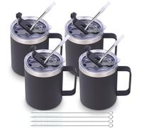 Volhoply 12oz Insulated Leakproof Coffee Mug with Sliding & Straw Lid Bulk 4 Pack,Double Wall Vacuum Stainless Steel Travel Tumbler Cup with Handle,Camping Mugs Keep Cold/Hot(Black,4 Set)