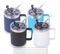 Volhoply 12oz Insulated Leakproof Coffee Mug with Sliding & Straw Lid Bulk 4 Pack,Double Wall Vacuum Stainless Steel Travel Tumbler Cup with Handle,Camping Mugs Keep Cold/Hot(Assorted,4 Set)
