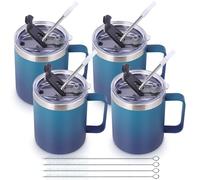 Volhoply 12oz Insulated Leakproof Coffee Mug with Sliding & Straw Lid Bulk 4 Pack,Double Wall Vacuum Stainless Steel Travel Tumbler Cup with Handle,Camping Mugs Keep Cold/Hot(Dark Night,4 Set)