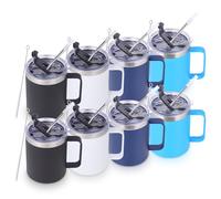 Volhoply 12oz Insulated Leakproof Coffee Mug with Sliding & Straw Lid Bulk 8 Pack,Double Wall Vacuum Stainless Steel Travel Tumbler Cup with Handle,Reusable Camping Mugs Keep Cold/Hot(Assorted,8 Set)