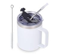 Volhoply 12oz Insulated Leakproof Coffee Mug with Sliding & Straw Lid,Double Wall Vacuum Stainless Steel Travel Cafe Tumbler Cup with Handle,Reusable Camping Mugs Keep Cold/Hot(White,1 Set)