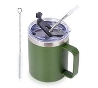 Volhoply 12oz Insulated Leakproof Coffee Mug with Sliding & Straw Lid,Double Wall Vacuum Stainless Steel Travel Tumbler Cup with Handle,Reusable Camping Mugs Keep Cold/Hot(Army Green,1 Set)