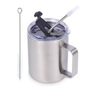 Volhoply 12oz Insulated Leakproof Coffee Mug with Sliding & Straw Lid,Double Wall Vacuum Stainless Steel Travel Cafe Tumbler Cup with Handle,Reusable Camping Mugs Keep Cold/Hot(Silver,1 Set)