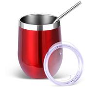 Volhoply 12oz Stainless Steel Wine Tumbler with Lid and Straw,350ml Double Wall Vacuum Insulated Stemless Wine Glasses,Travel Coffee Mug for Cold Drinks,Small Tumblers Gifts for Her Him(Red,1 Set)