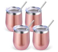 Volhoply 12oz Stainless Steel Wine Tumbler with Lid Bulk 4 Pack,350ml Double Wall Vacuum Stemless Wine Glasses,Metal Travel Coffee Mug with Straw,Insulated Cup Gifts for Christmas(Rose Gold,4 Set)