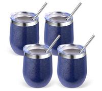 Volhoply 12oz Stainless Steel Wine Tumbler with Lid Bulk 4 Pack,350ml Double Wall Vacuum Stemless Wine Glasses,Metal Travel Coffee Mug with Straw,Insulated Cup Gifts for Women,Christmas(Navy,4 Set)