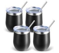 Volhoply 12oz Stainless Steel Wine Tumbler with Lid Bulk 4 Pack,350ml Double Wall Vacuum Stemless Wine Glasses,Metal Travel Coffee Mug with Straw,Insulated Cup Gifts for Women,Christmas(Black,4 Set)