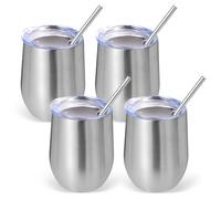 Volhoply 12oz Stainless Steel Wine Tumbler with Lid Bulk 4 Pack,350ml Double Wall Vacuum Stemless Wine Glasses,Metal Travel Coffee Mug with Straw,Insulated Cups Gifts for Christmas(Silver,4 Set)