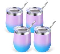 Volhoply 12oz Stainless Steel Wine Tumbler with Lid Bulk 4 Pack,350ml Double Wall Vacuum Stemless Wine Glasses,Metal Travel Coffee Mug with Straw,Insulated Cup Gifts for Christmas(Lavender,4 Set)