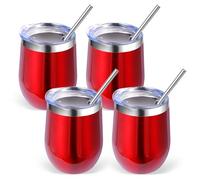 Volhoply 12oz Stainless Steel Wine Tumbler with Lid Bulk 4 Pack,350ml Double Wall Vacuum Stemless Wine Glasses,Metal Travel Coffee Mug with Straw,Insulated Cup Gifts for Women,Christmas(Red,4 Set)
