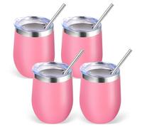 Volhoply 12oz Stainless Steel Wine Tumbler with Lid Bulk 4 Pack,350ml Double Wall Vacuum Stemless Wine Glasses,Metal Travel Coffee Mug with Straw,Insulated Cup Gifts for Women,Christmas(Pink,4 Set)