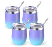 Volhoply 12oz Stainless Steel Wine Tumbler with Lid Bulk 4 Pack,350ml Double Wall Vacuum Stemless Wine Glasses,Metal Travel Coffee Mug with Straw,Insulated Cup Gifts for Christmas(Purple Bule,4 Set)
