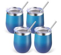 Volhoply 12oz Stainless Steel Wine Tumbler with Lid Bulk 4 Pack,350ml Double Wall Vacuum Stemless Wine Glasses,Metal Travel Coffee Mug with Straw,Insulated Cup Gifts for Christmas(Dark Night,4 Set)