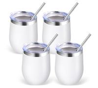 Volhoply 12oz Stainless Steel Wine Tumbler with Lid Bulk 4 Pack,350ml Double Wall Vacuum Stemless Wine Glasses,Metal Travel Coffee Mug with Straw,Insulated Cup Gifts for Women,Christmas(White,4 Set)