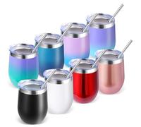 Volhoply 12oz Stainless Steel Wine Tumbler with Lid Bulk 8 Pack,350ml Double Wall Vacuum Stemless Wine Glasses,Metal Travel Coffee Mug with Straw,Insulated Cup Gifts for Christmas（Assorted,8 Set）
