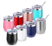Volhoply 12oz Stainless Steel Wine Tumbler with Lid Bulk 8 Pack,350ml Double Wall Vacuum Stemless Wine Glasses,Metal Travel Coffee Mug with Straw,Insulated Cup Gifts for Women,Christmas（Mix,8 Set）