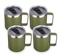 Volhoply 14oz Insulated Stainless Steel Coffee Mug with Lid Bulk 4 Pack,Double Wall Vacuum Travel Coffee Cup with Handle,Reusable Metal Tumbler,Camping Mugs Keep Hot,Christmas Gifts(Army Green,4)