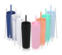 Volhoply 16oz 470ml Plastic Skinny Tumblers with Lid and Straw Bulk | Double Wall | Reusable Iced Coffee Mug | BPA Free | Matte Acrylic Water Cups (Assorted,8 Pack)