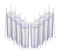 Volhoply 16oz 470ml Plastic Skinny Tumblers with Lid and Straw Bulk | Double Wall | Reusable Iced Coffee Mug | BPA Free | Matte Acrylic Water Cups (Clear,8 Pack)