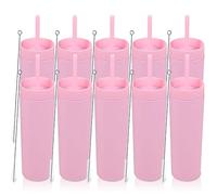 Volhoply 16oz 470ml Plastic Skinny Tumblers with Lid and Straw Bulk | Double Wall | Reusable Iced Coffee Mug | BPA Free | Matte Acrylic Water Cups (Pink,10 Pack)