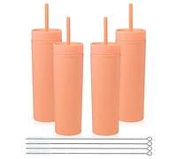 Volhoply 16oz 470ml Plastic Skinny Tumblers with Lid and Straw Bulk | Double Wall | Reusable Iced Coffee Mug | BPA Free | Matte Acrylic Water Cups (Orange,4 Pack)