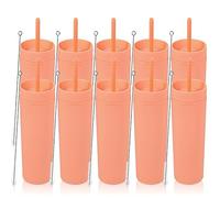 Volhoply 16oz Plastic Skinny Tumblers Bulk 10 Pack,Double Wall Tumbler with Lid and Straw,BPA Free Matte Acrylic Ice Coffee Cups with Straw,480ML Reusable Cute Mug for Parties,DIY Gift(Orange,10 Set