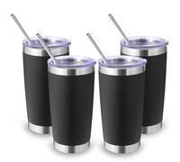 Volhoply 20oz 550ml Travel Insulated Tumbler with Lid and Straw Bulk 4 Pack, Double Wall Stainless Steel Coffee Mug Fits Cup Holder,Powder Coated Cups for Hot & Cold Drinks, BPA Free（Black,4 Set）