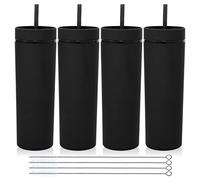 Volhoply 20oz Plastic Skinny Tumblers Bulk 4 Pack,Double Wall Tumbler with Lid and Straw,BPA Free Matte Acrylic Water Cups for Parties(Black,4 Set)