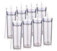 Volhoply 20oz Tumbler with Lid and Straw 8 Pack,Double Wall Plastic Skinny Tumblers Bulk,BPA Free Matte Acrylic Water Cups for Parties(Clear,8 Set)