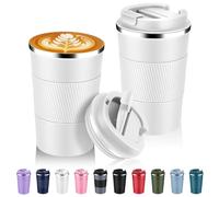 Volhoply 380ml 13oz Stainless Steel Insulated Travel Coffee Mug with Fip Lid Bulk 2 Pack,Reusable Double Wall Vacuum Metal Coffee Cup,Portable Leak Proof Tumbler for Hot & Cold Drinks(White,2)
